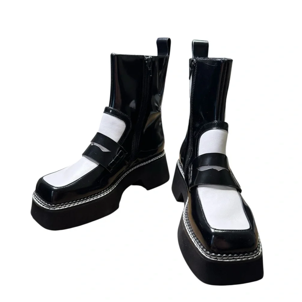 🖤 Jeffrey Campbell Tuxie Bootie 🖤 Black & White Platform Patent Loafer Boots 5.5